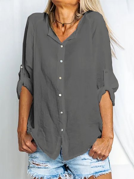 

Camicie & Top Bianco Casuale Lino Solido con Scollo a V, Grigio, Blouses & Shirts