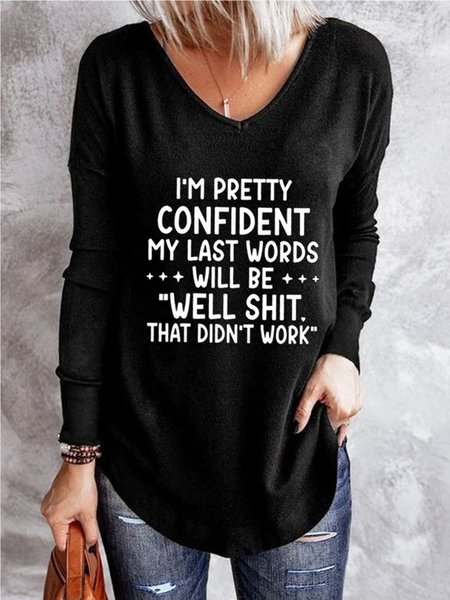 

Casual V neck Long Sleeve Printed T-shirt, Black, Hoodies & Sweatshirts
