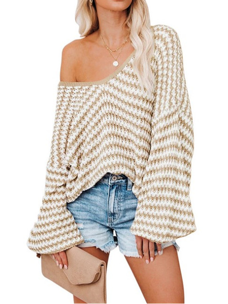 V Neck Shift Long Sleeve Stripes Sweater, Khaki, Knitwear & Sweaters