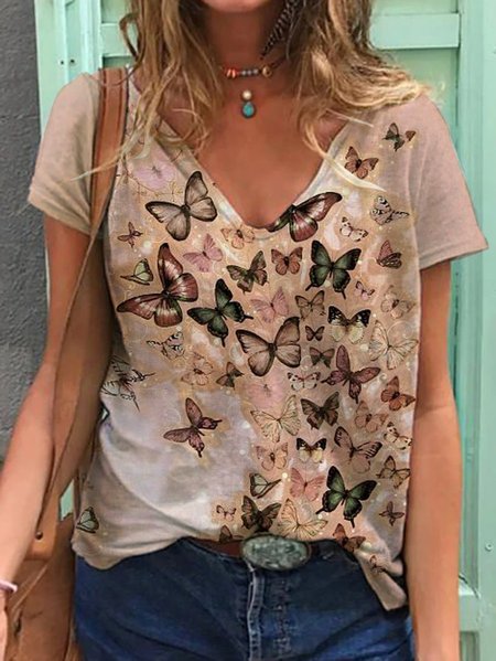 

Butterfly Print Women's Short Sleeve Shirts & Tops, As picture, T-shirts