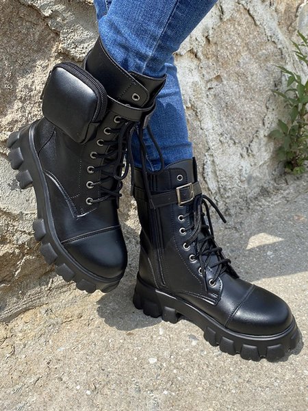 

Lace-up Zipper Strap Platform Functional Boots, Black, Boots
