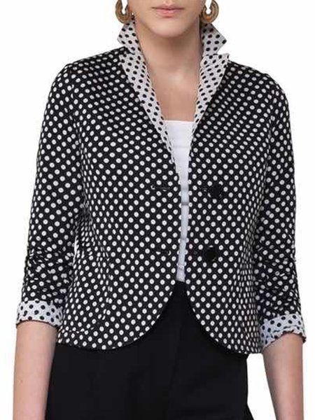 

Polka Dots Lapel 3/4 Sleeve Color-Block Blazer, Black, Blazers