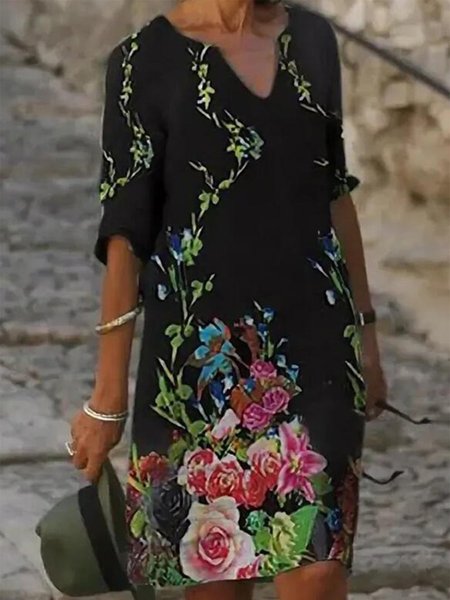 

Vintage Stampata Floreale Scollo a V Mezza Manica taglia grande Gonna Casuale, Nero, Linen & Cotton Dresses