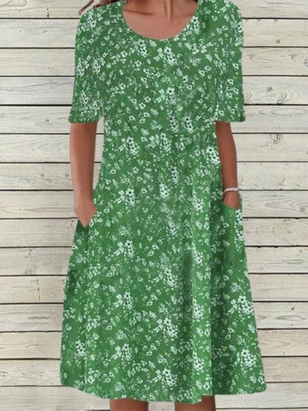 

Vintage Stampata Floreale Mezza Manica Tasche Girocollo taglia grande Gonna Casuale, Verde, Midi Dresses