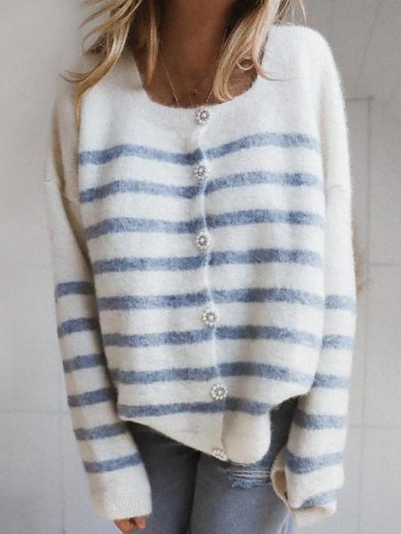 

Front Button Placket Square Neck Long Sleeve Striped Sweater, White, Sweaters