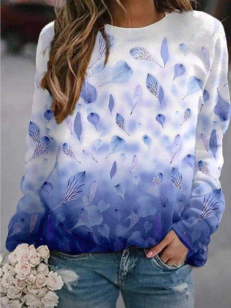 

Casual Crew Neck Long Sleeve Leaves Shirts & Tops, Blue, Long sleeve tops