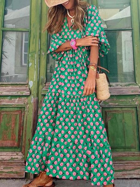 

Abito Maniche Lunghe Scollo a V A-line Misto Cotone, Verde, Maxi Dresses