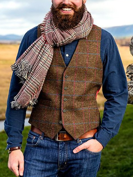

Vintage Plaid Casual Vest, Brown, Vest