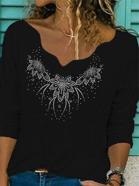 

Vintage Caldo foratura Floreale Maniche Lunghe Scollo a V taglia grande taglia grande Casuale Top, Nero, T-Shirts