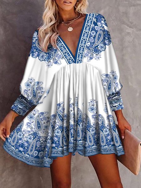 

A-Line Boho Long Sleeve V Neck Weaving Dress, Blue, Mini Dresses