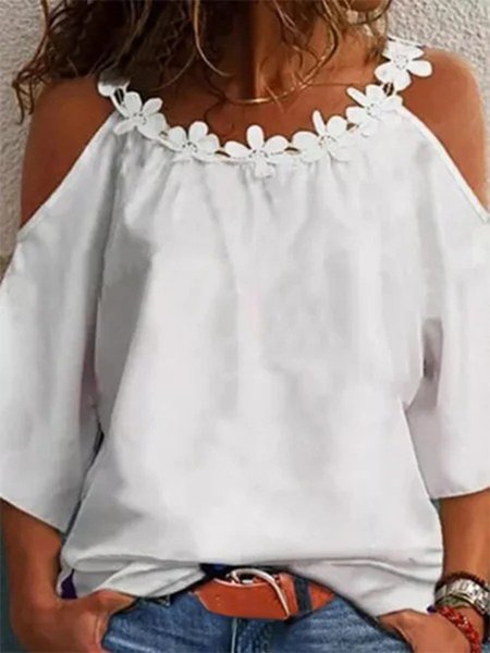 

Vintage 3/4 Manica Tinta unita Pizzo Girocollo taglia grande Casuale Top, Bianco, Tops