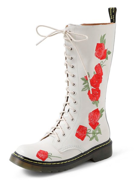 

Embroidered Rose Lace-up Zipper Martin Combat Boots, White, Boots