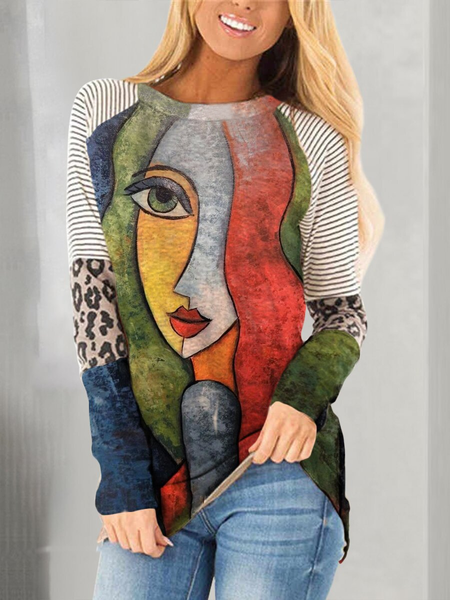 

Crew Neck Abstract Cotton-Blend Shirts & Tops, Multicolor, Long sleeve tops