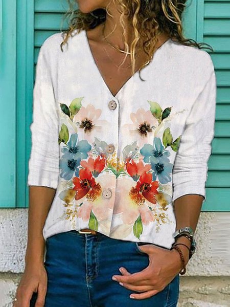 

Casual V Neck Long Sleeve Cotton-Blend Shirts & Tops, White, Shirts & Blouses