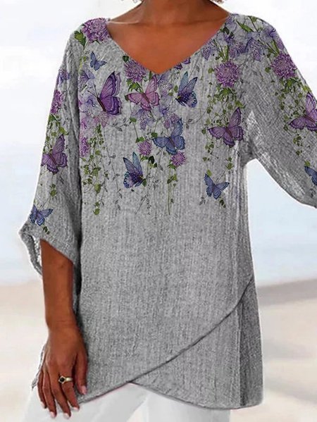 

Stampato Casuale Scollo a V 3/4 Manica Camicie & Top, Grigio, T-Shirts