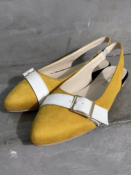 

Stitching Buckle Buckle-style Back Hollow Pointed-toe Shoes, Yellow, Flats
