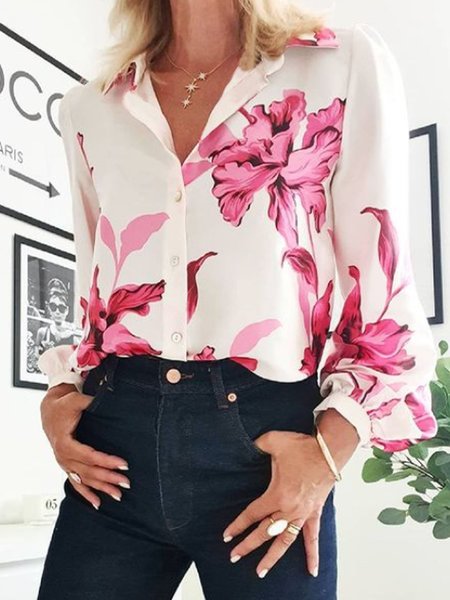 

Floral Shift Shirt Collar Long Sleeve Top, White, Blouses and Shirts