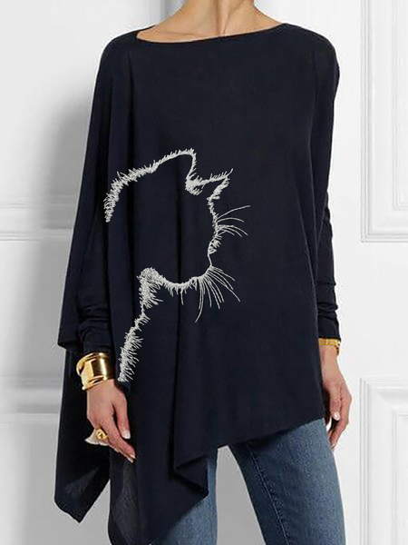 

Collo a Barchetta Gatto Maniche Lunghe Camicie & Top, Navy blu, T-Shirts