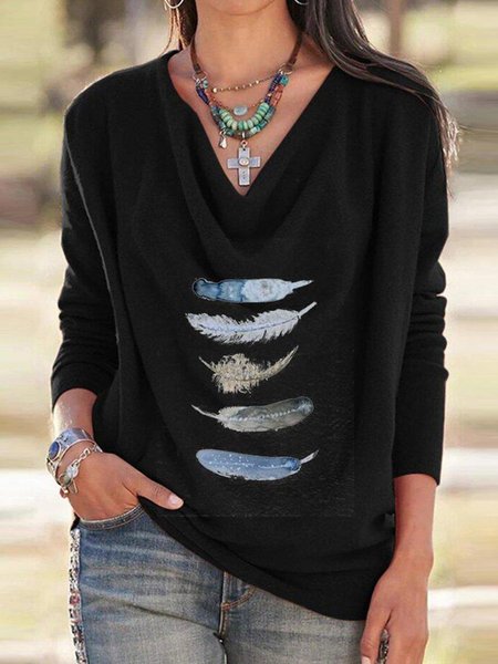 

Black Feather Printed Long Sleeve Cowl Neck Shift Shirts & Tops, Blouses & Shirts