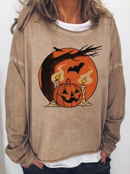

Funny Pumpkin Women‘s Crew Neck Shift Cotton-Blend Long Sleeve Sweatshirt, Light brown, Hoodies&Sweatshirts