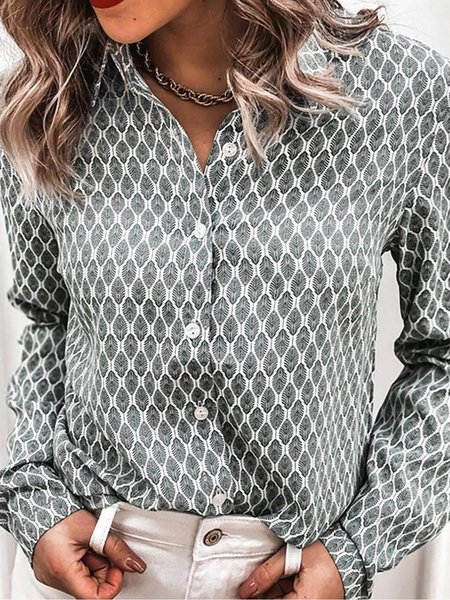 

Casual Daily Geometric Printed Long Sleeve Shirts, Green, Shirts & Blouses