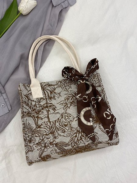 

Tiger Eagle Jungle Oriental Painting Ethnic Pattern Silk Scarf Tote Bag, Brown, Bags