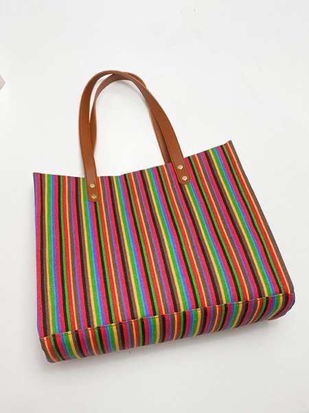 

Retro Contrast Striped Large Capacity Tote Bag, Multicolor, Women's Bags
