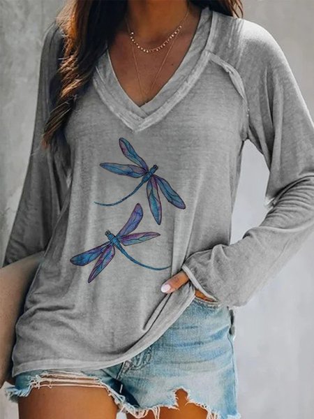 

Casuale Stampato Maniche Lunghe Top, Grigio, T-Shirts