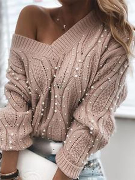Jacquard Elegant Beaded Sweater, Dark pink, Sweaters