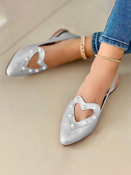 Hollow Pearl Decoration Back Hollow Pointed Toe Shoes, Silver, Flats