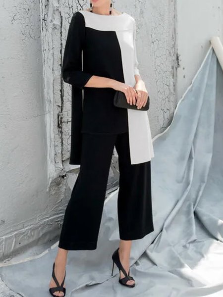 

Crew Neck Shift Solid Work Suit, Black-white, Pants Set