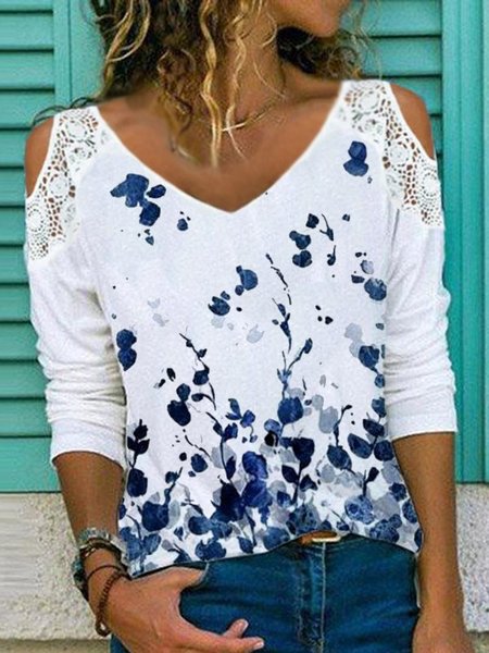 

Long Sleeve V Neck Floral Casual Shirts & Tops, White, Long sleeve tops