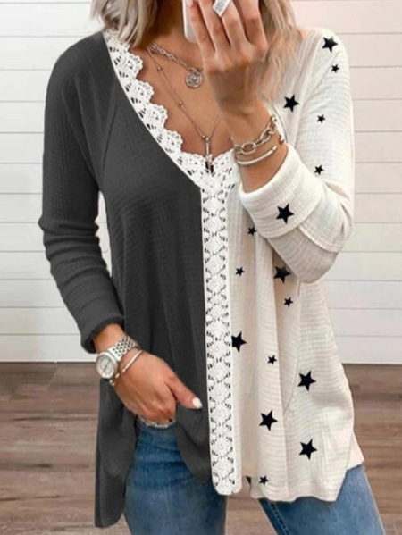 

Casual Geometric Shirts & Tops, White-black, Long sleeve tops