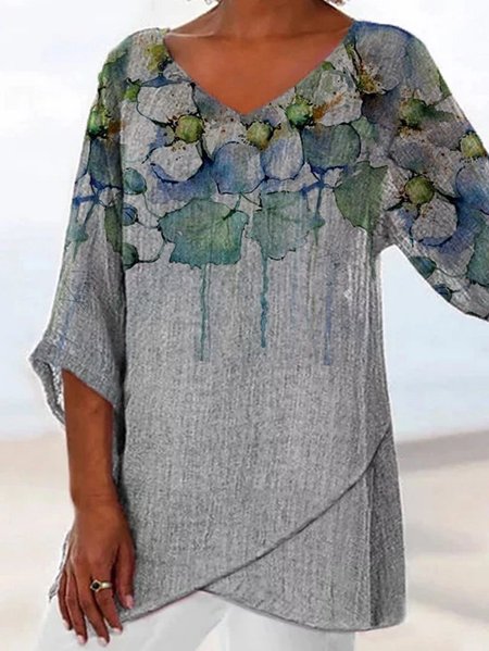 

3/4 Sleeve V Neck Printed Casual Tops, Gray, Blouses & Shirts