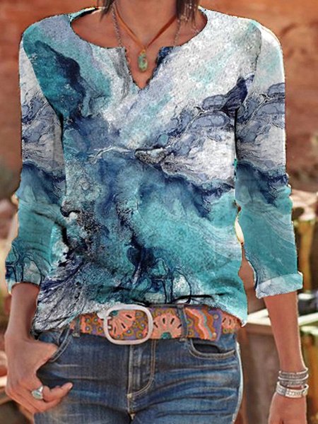 

Long Sleeve Vintage Shift Sea Printed Shirt & Top, Blue, Long sleeve tops