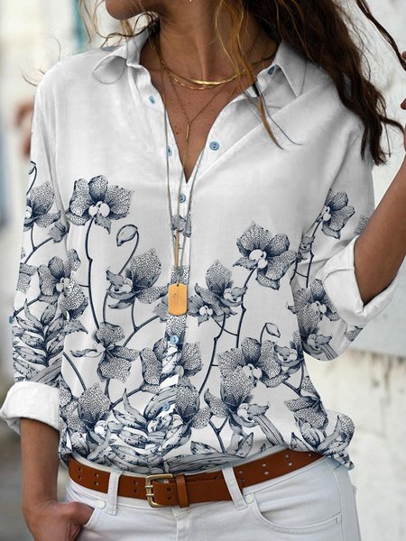 

Floral Floral-Print Long Sleeve Basic Blouse, White, Blouses & Shirts