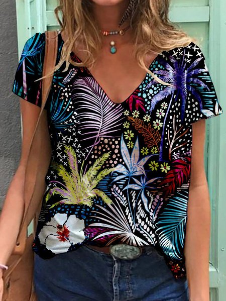 

flower V-neck T-shirt, Black, T-shirts