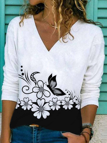 

Cotton-Blend Casual Floral Shirts & Tops, White, Long sleeve tops
