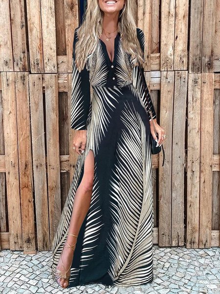 

Long Sleeve A-Line Cotton Holiday Dresses, Multicolor, Maxi Dresses