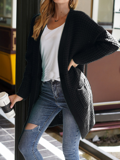 

Long Sleeve Knitted Plain Outerwear, Black, Outerwear