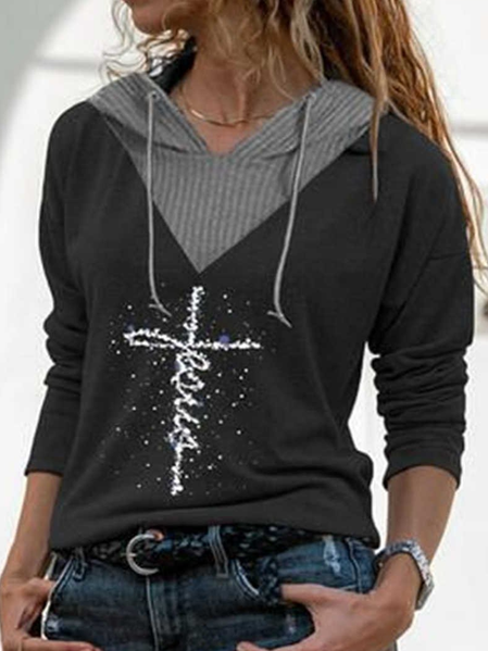 

Long Sleeve Casual Letter Cotton-Blend Shirts & Tops, Black, Long sleeve tops