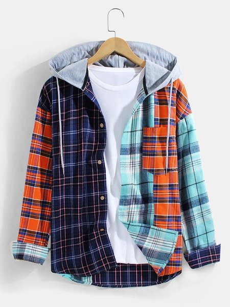 

Basic Hoodie Plaid Shirts & Tops, Blue, Men's shirts