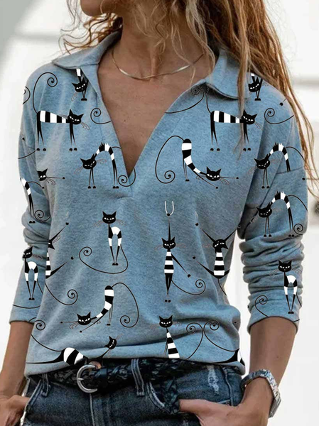 

Cute Cat Shawl Collar Shift Long Sleeve Shirts & Tops, Blue, Tops