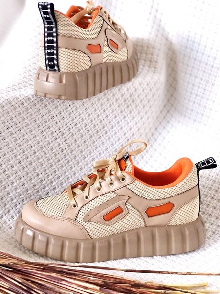 

Mesh Panel Contrast Color Lace-up Platform Sneakers, Khaki, Athletic & Casual Shoes