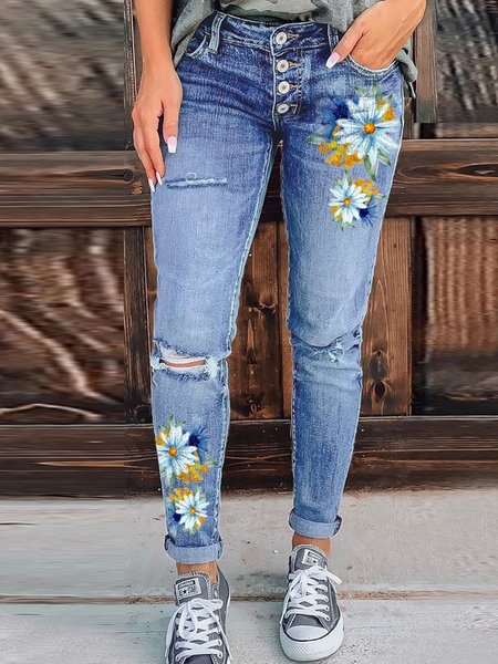 

Printed Denim Floral Jeans, Blue, Pants