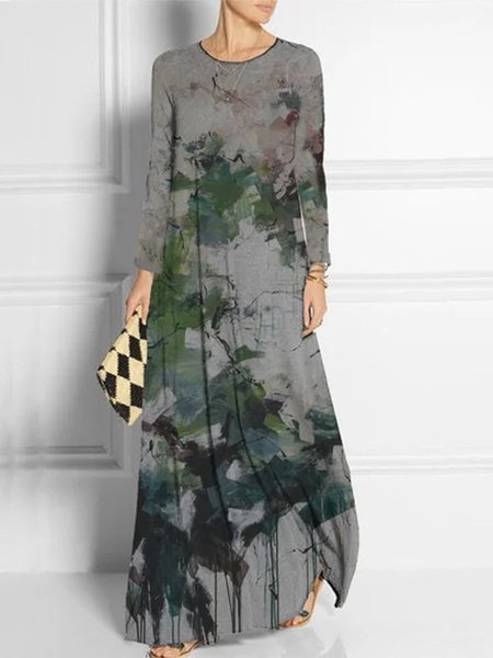 

Printed Vintage Crew Neck Dresses, As picture, Tie dye dress