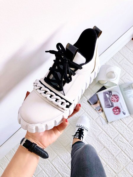 

Chain Stitching Contrast Color Lace-up Platform Sneakers, White-black, Athletic & Casual Shoes