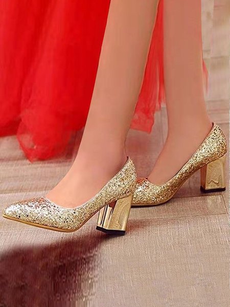 

Sparkling Glitter Pointed Chunky Heels, Golden, Heels
