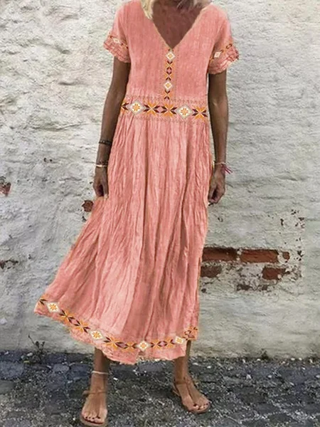 

Linen Tribal Shift V Neck Short Sleeve Dresses, Pink, Maxi Dresses