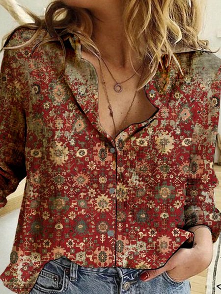 

Long Sleeve Shirt Collar Paisley Blouse, Red, Blouses & Shirts